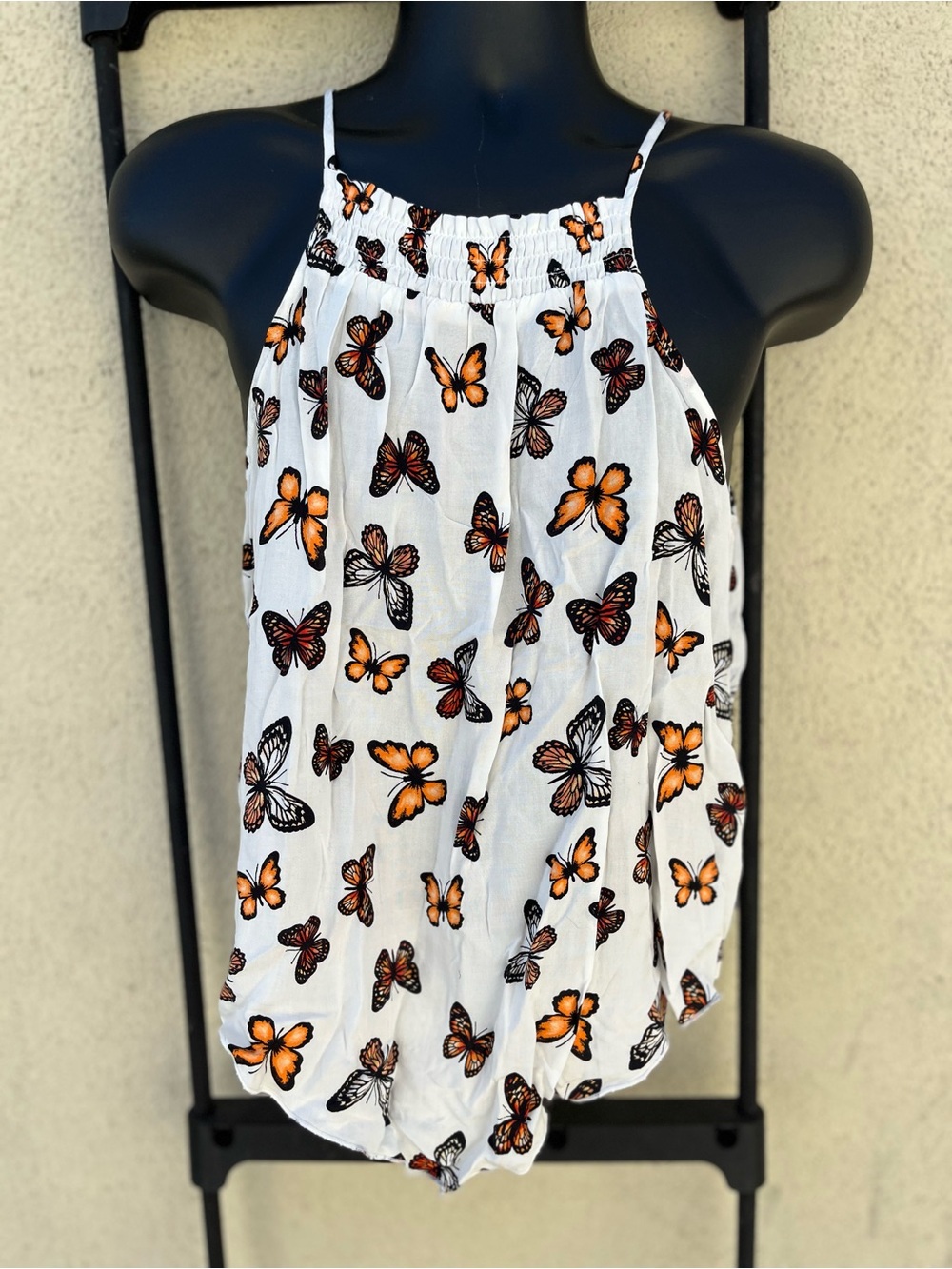 No Boundaries White Butterfly Print Sleeveless Halter Top - Picture 2 of 9